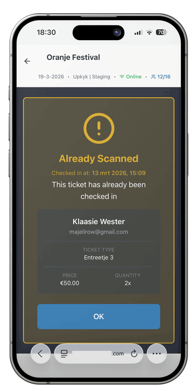 Yellow already scanned ticket screen