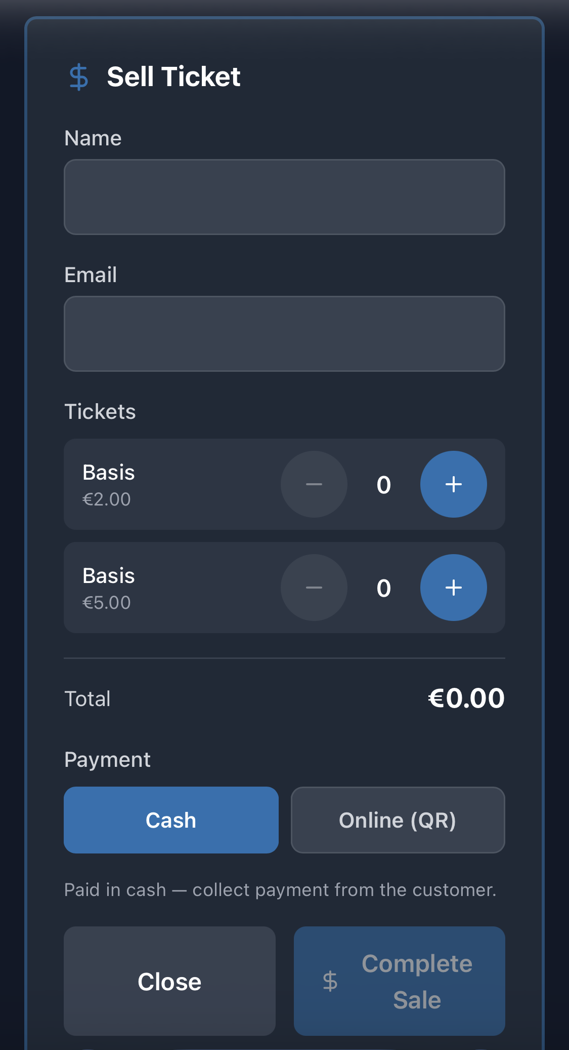 Sell at the Door form with name, email, ticket type quantities and payment method